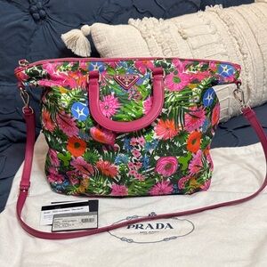 Prada Pink Floral Nylon Tote with Detachable Strap